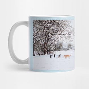 dog snow scene landscape with trees & rooftops art Mug